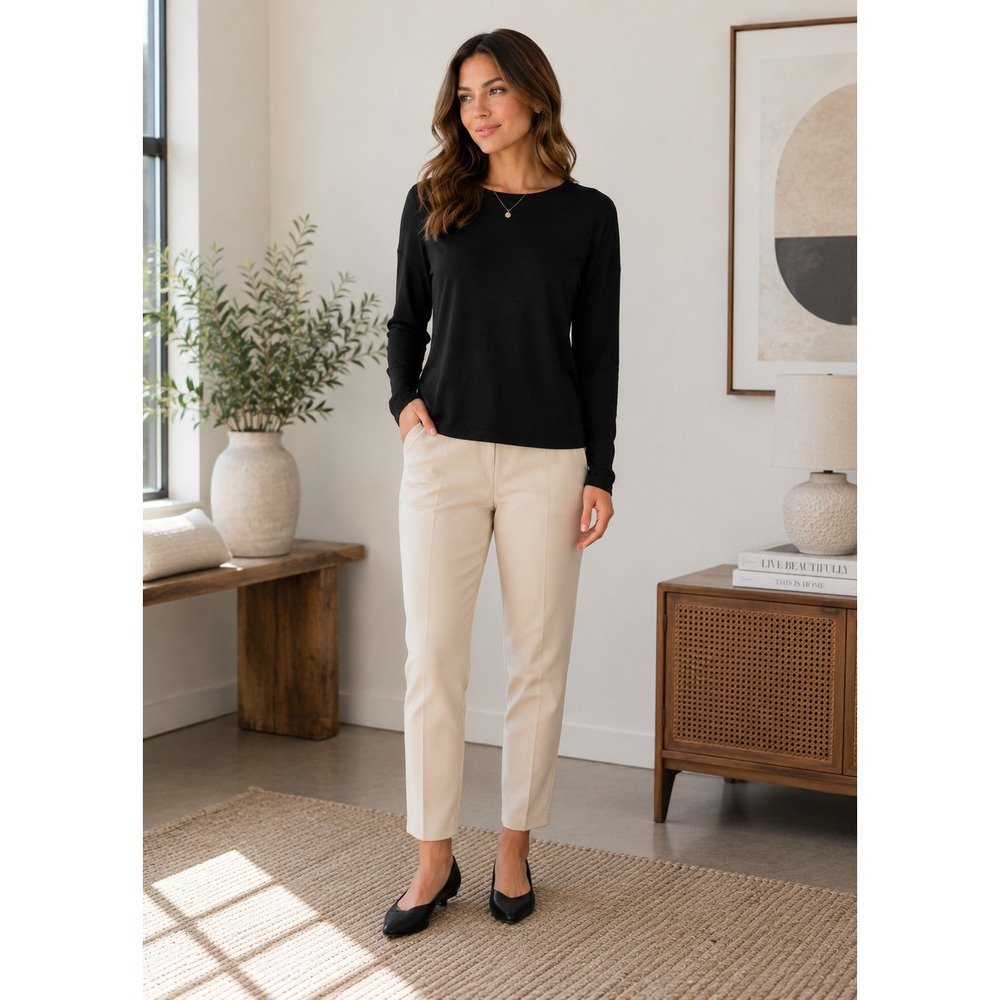 Krizia Maglia Black Silk Blend Long Sleeve Top Made in Italy Size 40 Scoop Neck‎
